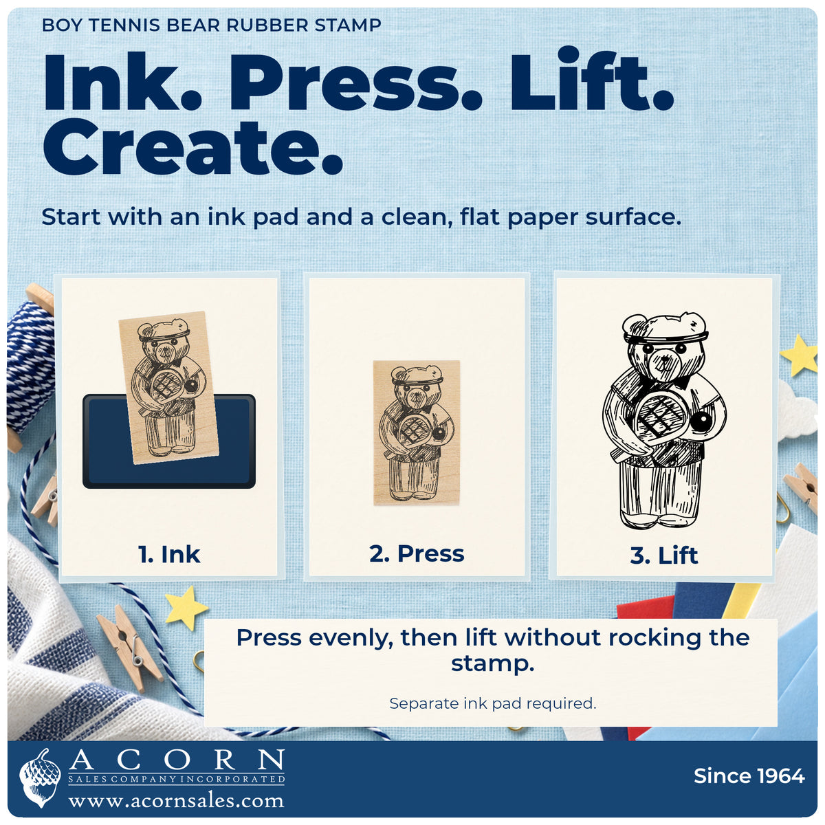 Boy Tennis Bear Rubber Stamp stamping guide illustrating how to ink, press and lift the stamp.