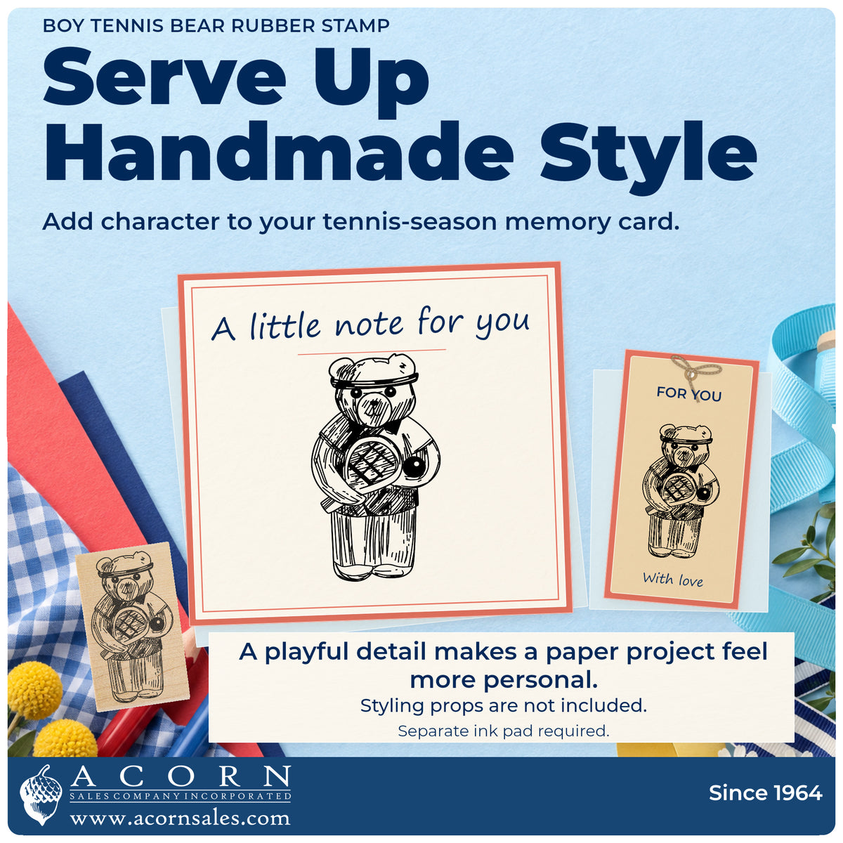 Boy Tennis Bear Rubber Stamp project inspiration: tennis season memory card.