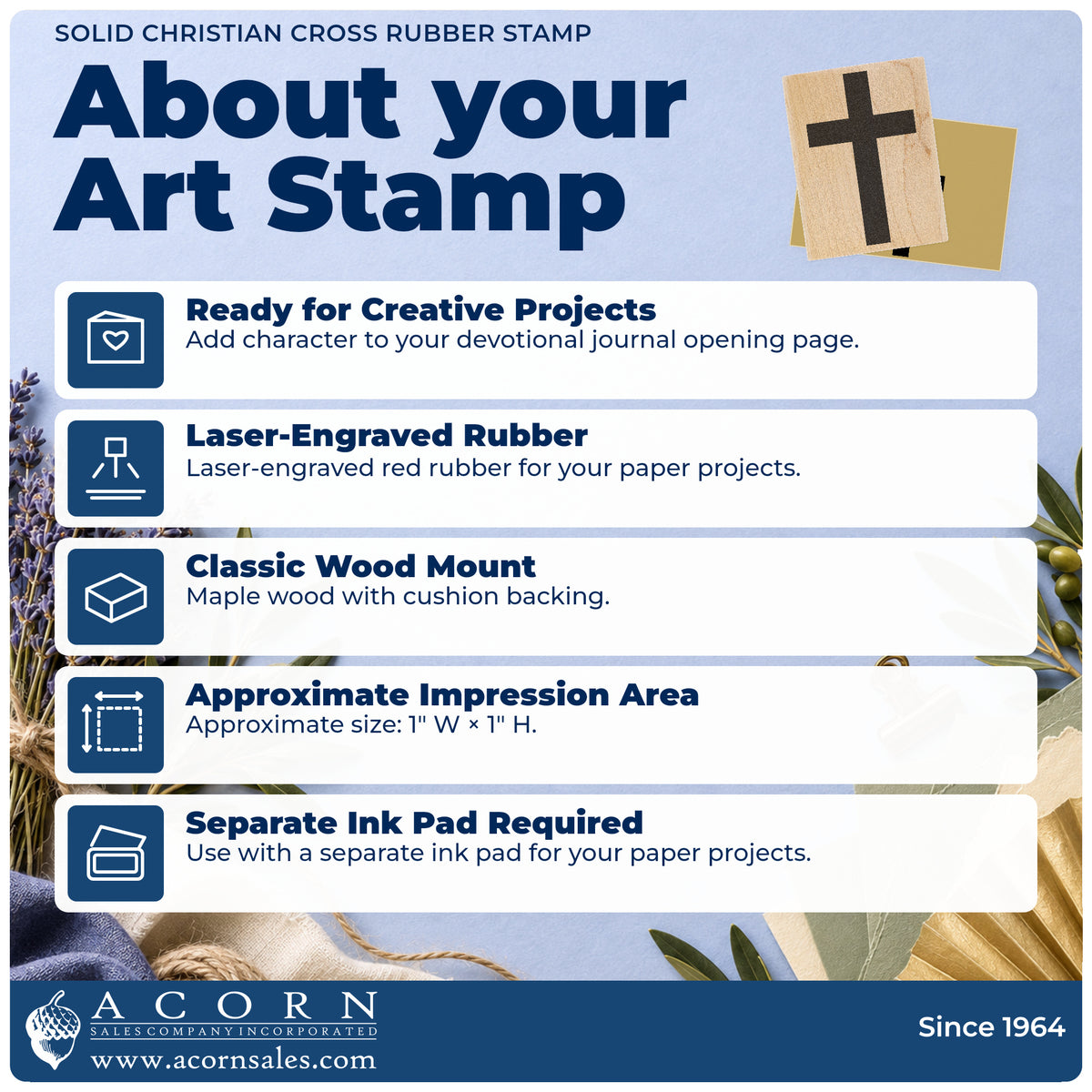 Solid Christian Cross Rubber Stamp feature guide covering the wood mount, rubber construction, approximate size and separate ink pad.