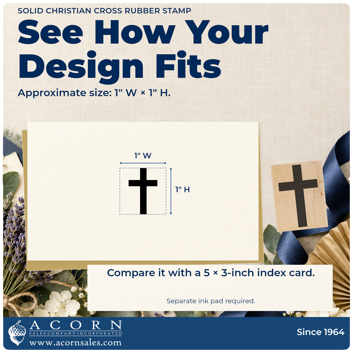 Solid Christian Cross Rubber Stamp impression-size guide showing the design on a paper reference with dimension labels.