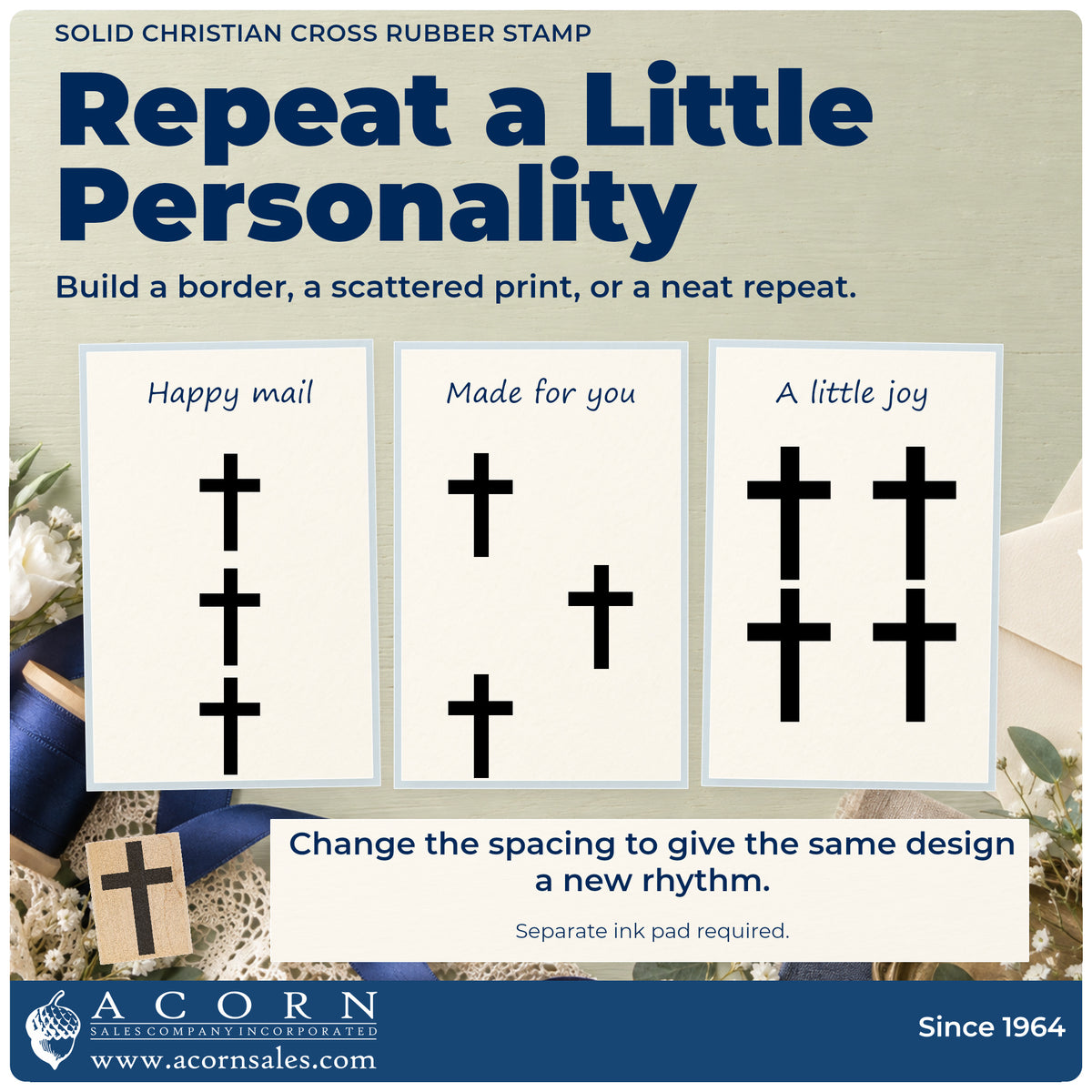 Solid Christian Cross Rubber Stamp pattern guide showing repeated impressions in borders, scattered prints and a grid.