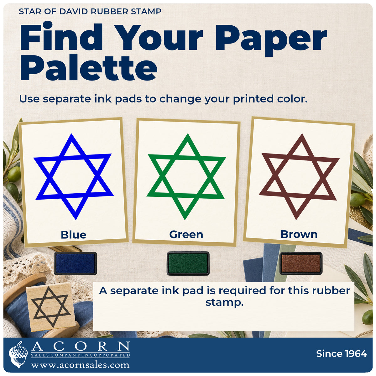 Star of David Rubber Stamp ink-color infographic comparing three single-color impressions and a separate ink pad.