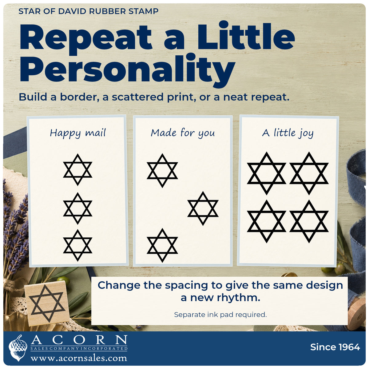 Star of David Rubber Stamp pattern guide showing repeated impressions in borders, scattered prints and a grid.