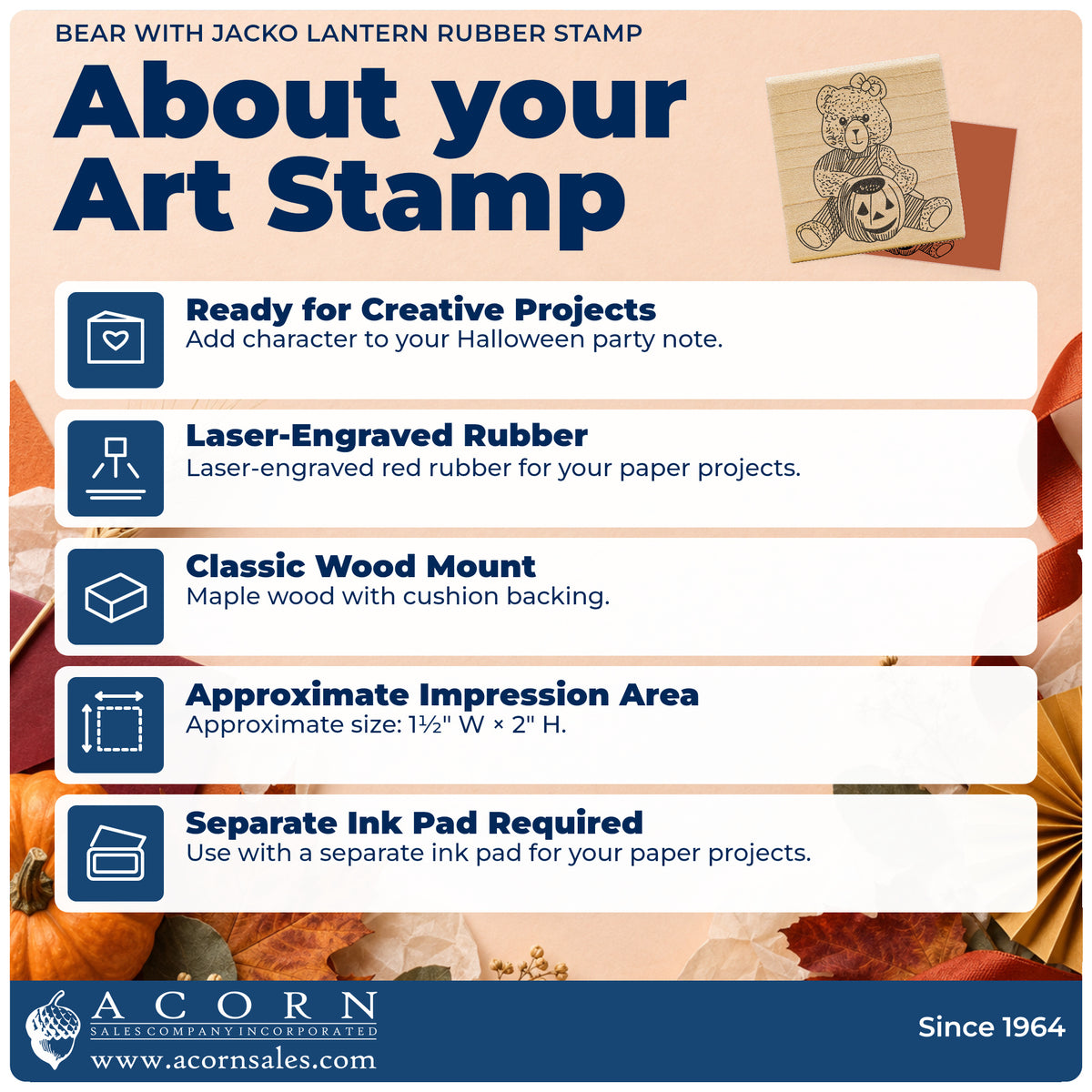 Bear with Jacko Lantern Rubber Stamp feature guide covering the wood mount, rubber construction, approximate size and separate ink pad.