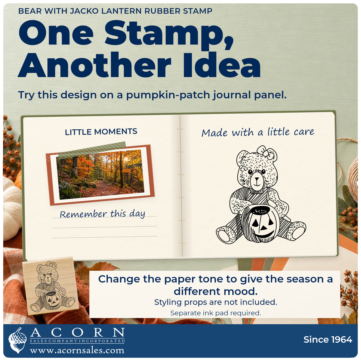 Bear with Jacko Lantern Rubber Stamp project inspiration: pumpkin patch journal panel.