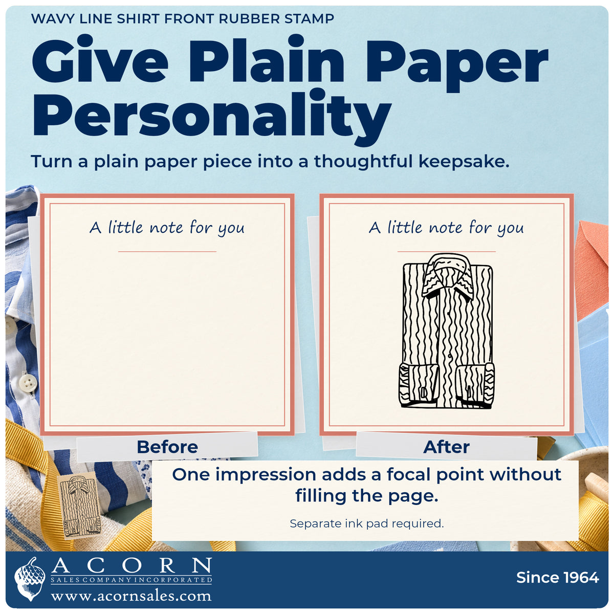 Wavy Line Shirt Front Rubber Stamp before-and-after infographic comparing plain paper with the stamped project.