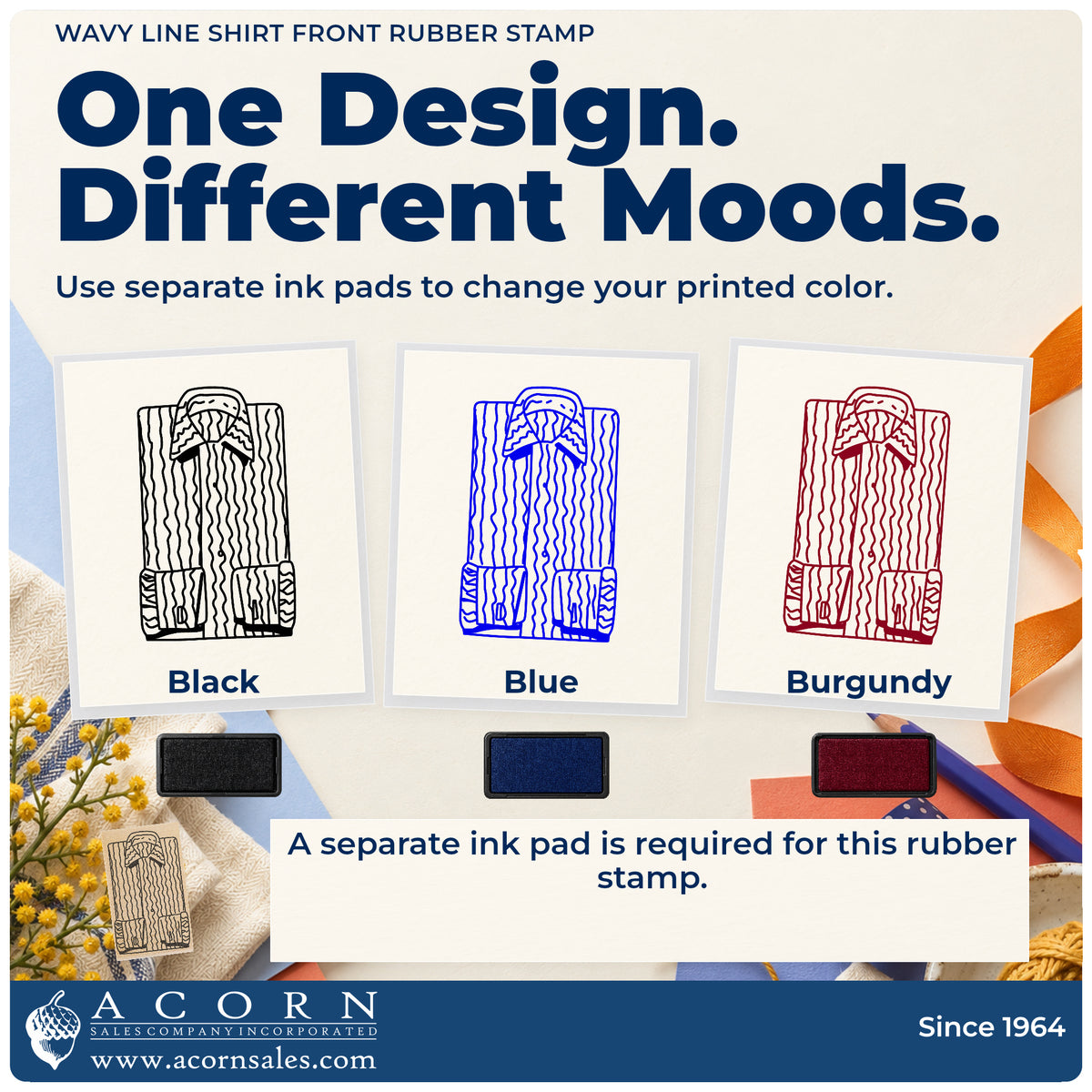 Wavy Line Shirt Front Rubber Stamp ink-color infographic comparing three single-color impressions and a separate ink pad.