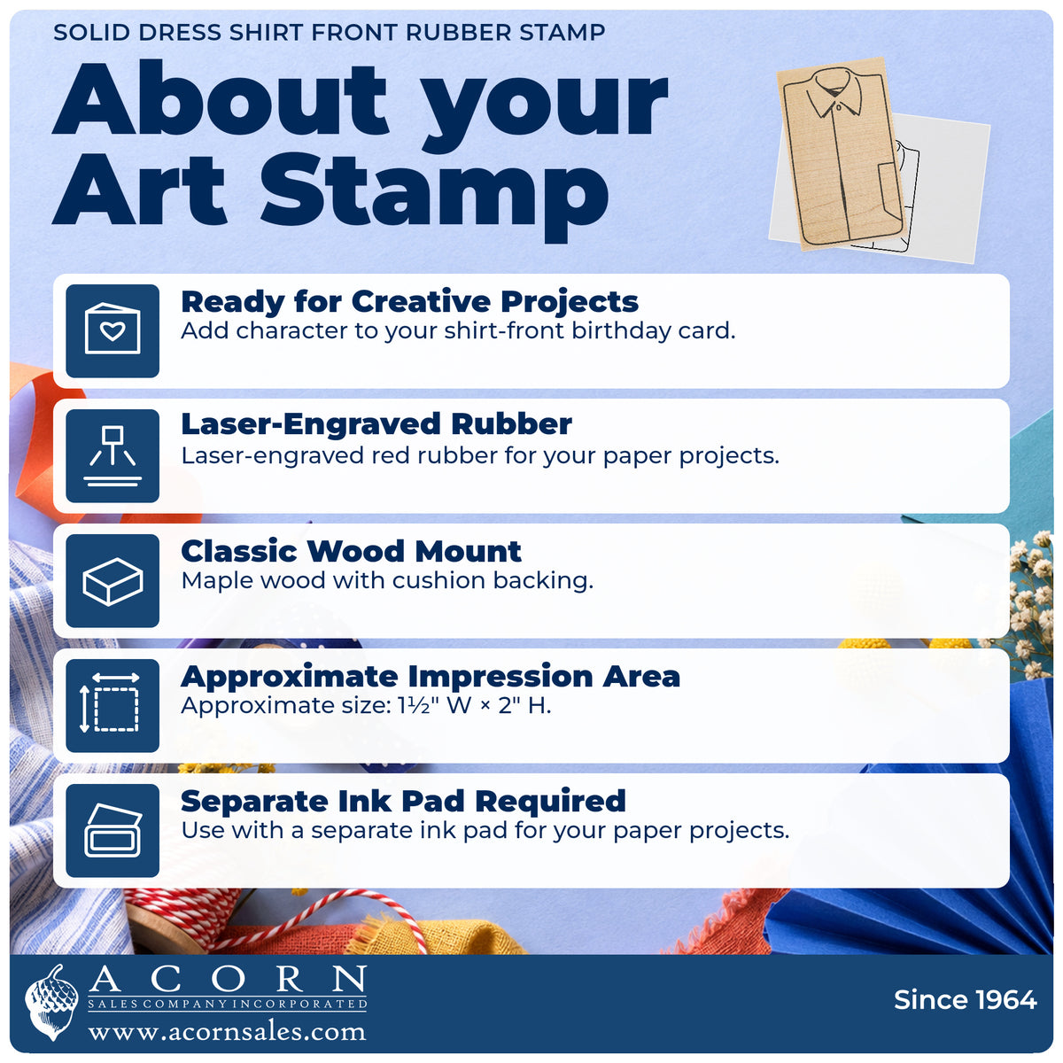 Solid Dress Shirt Front Rubber Stamp feature guide covering the wood mount, rubber construction, approximate size and separate ink pad.