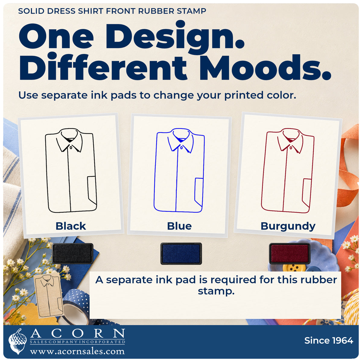 Solid Dress Shirt Front Rubber Stamp ink-color infographic comparing three single-color impressions and a separate ink pad.