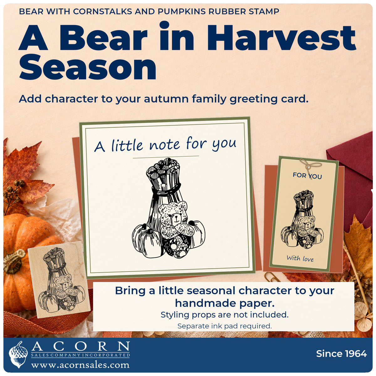 Bear with Cornstalks and Pumpkins Rubber Stamp project inspiration: autumn family greeting card.