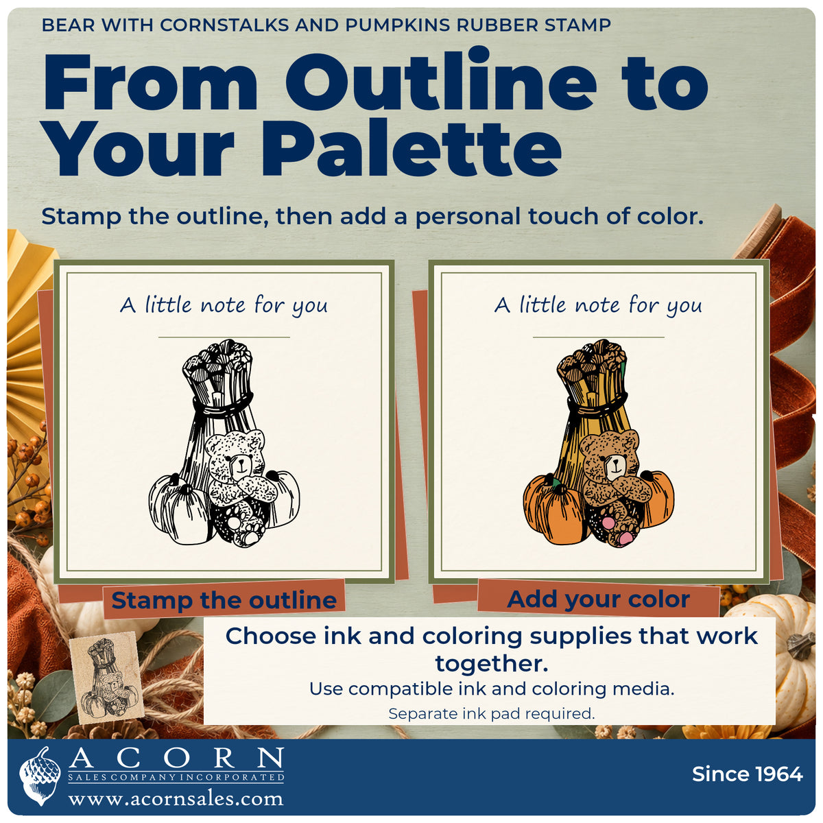 Bear with Cornstalks and Pumpkins Rubber Stamp stamp-and-color guide comparing an outline impression with a colored example.
