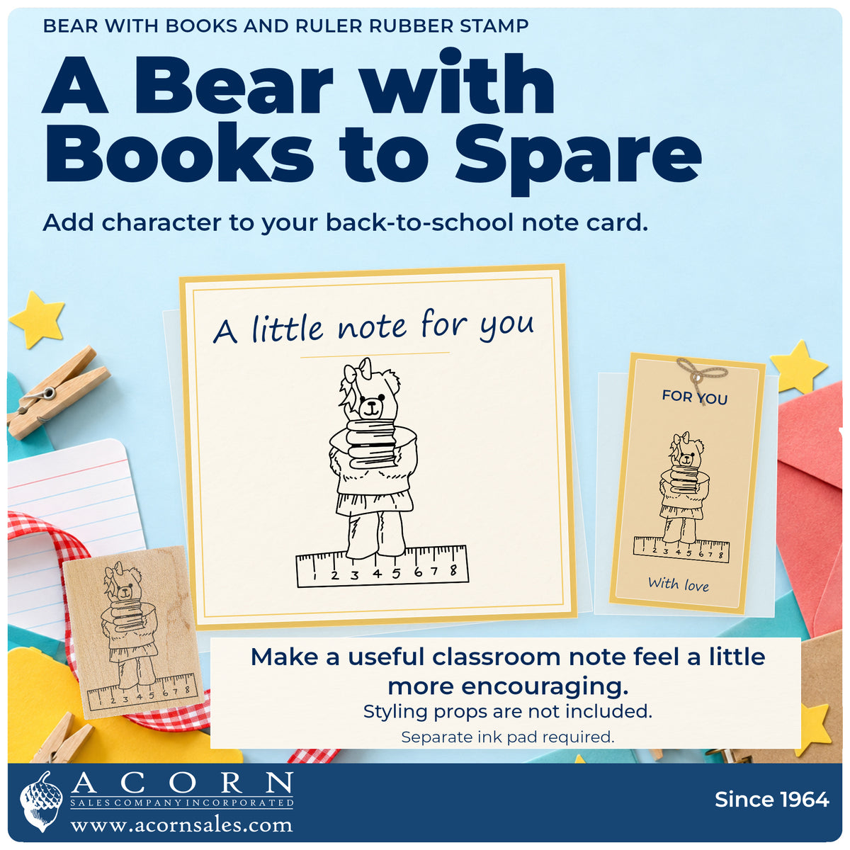 Bear with Books and Ruler Rubber Stamp project inspiration: back to school note card.
