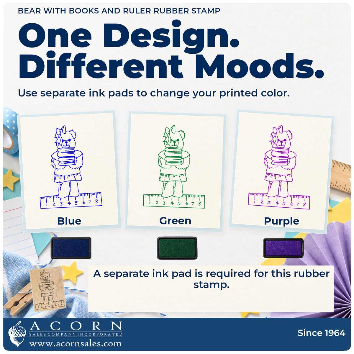 Bear with Books and Ruler Rubber Stamp ink-color infographic comparing three single-color impressions and a separate ink pad.