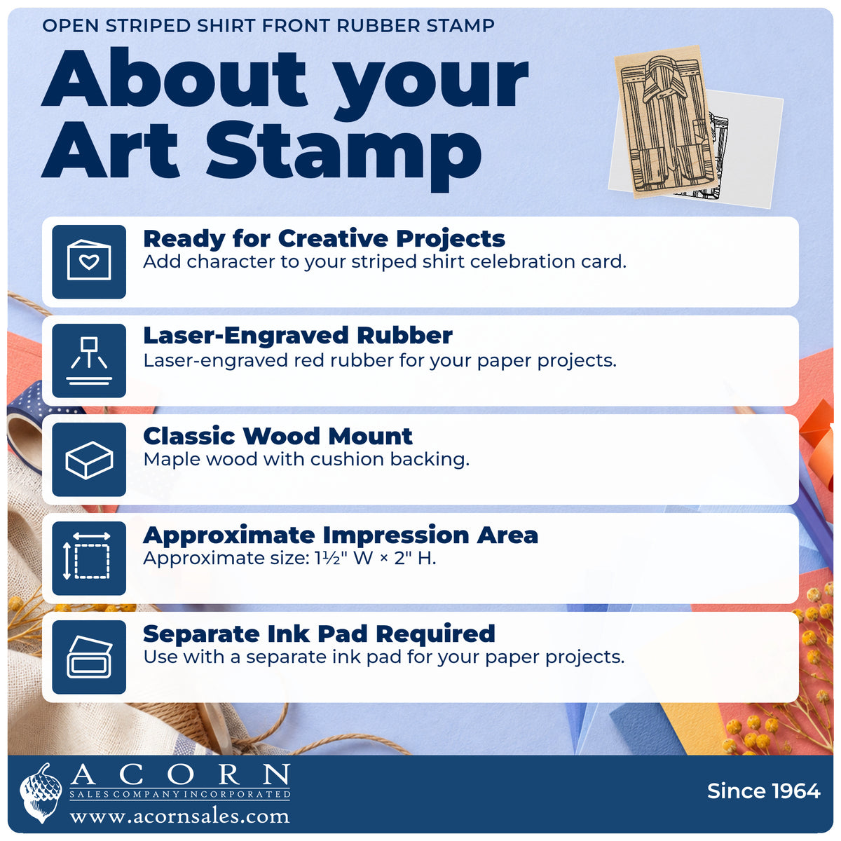 Open Striped Shirt Front Rubber Stamp feature guide covering the wood mount, rubber construction, approximate size and separate ink pad.