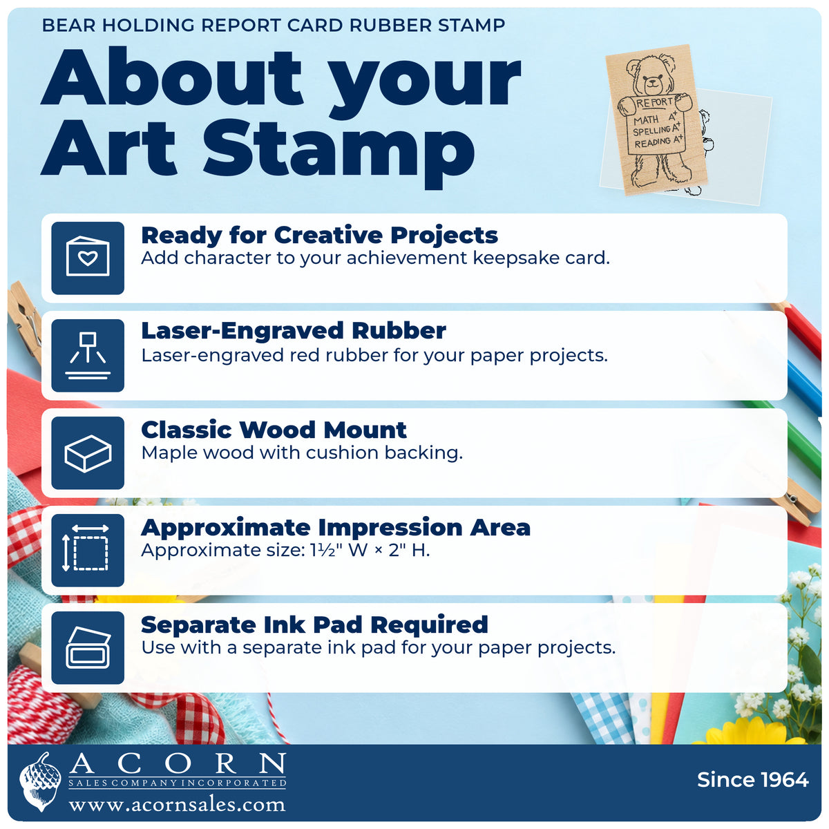 Bear Holding Report Card Rubber Stamp feature guide covering the wood mount, rubber construction, approximate size and separate ink pad.