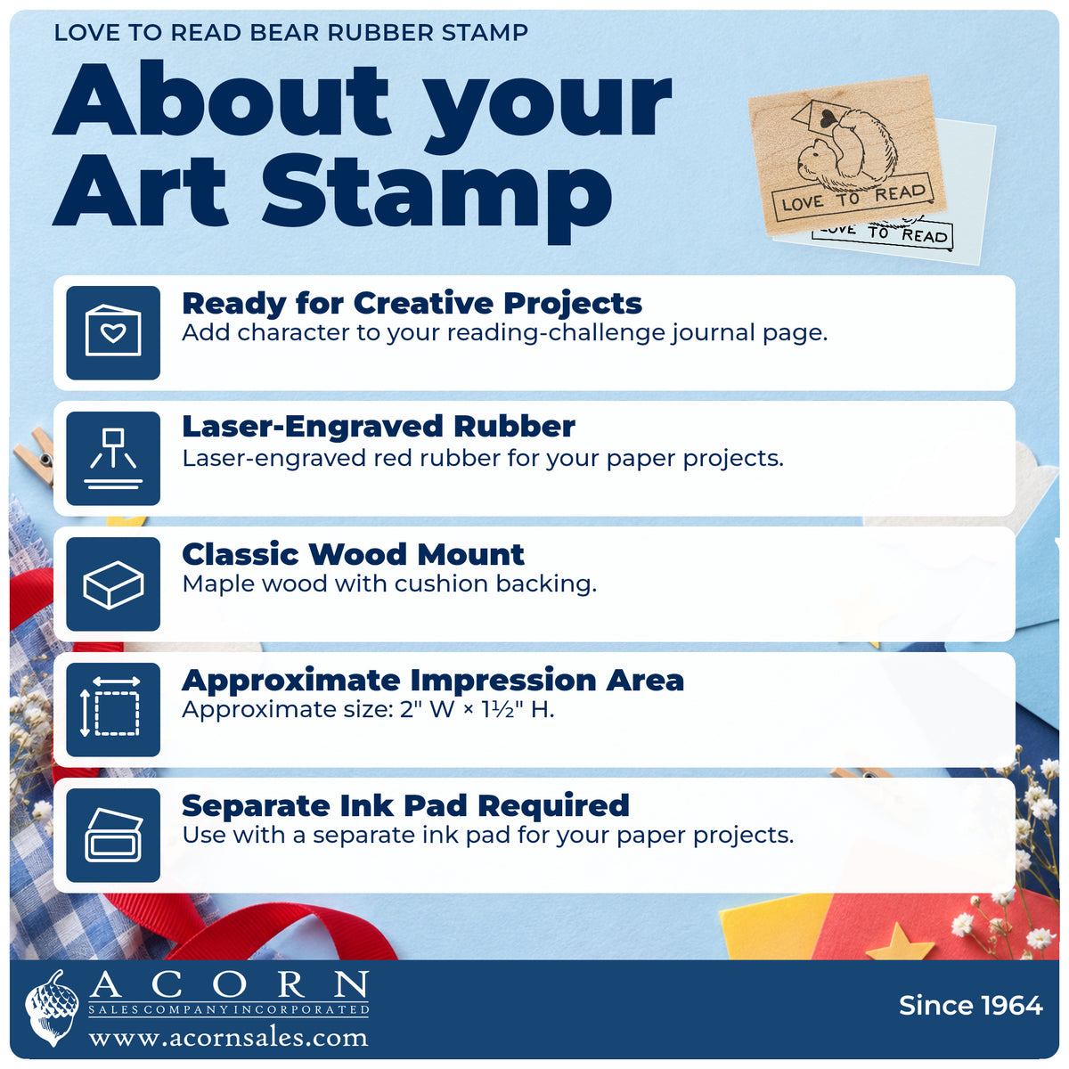 Love to Read Bear Rubber Stamp feature guide covering the wood mount, rubber construction, approximate size and separate ink pad.