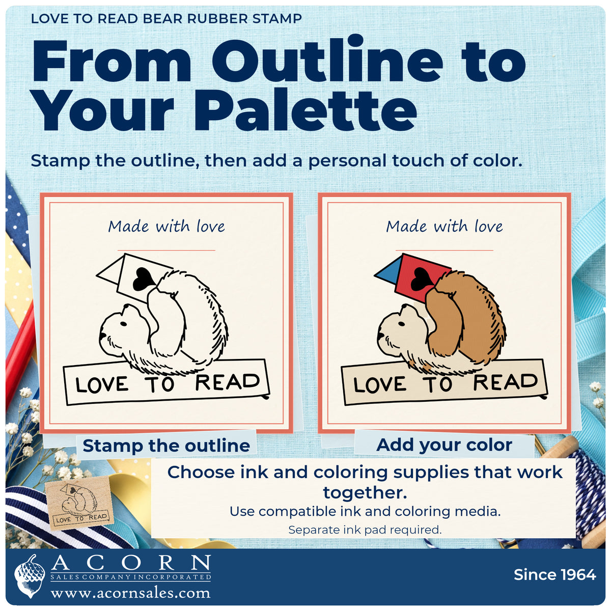 Love to Read Bear Rubber Stamp stamp-and-color guide comparing an outline impression with a colored example.