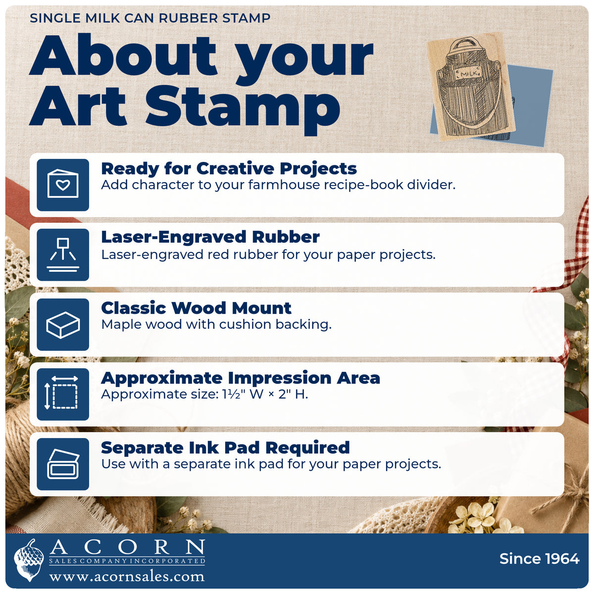 Single Milk Can Rubber Stamp feature guide covering the wood mount, rubber construction, approximate size and separate ink pad.