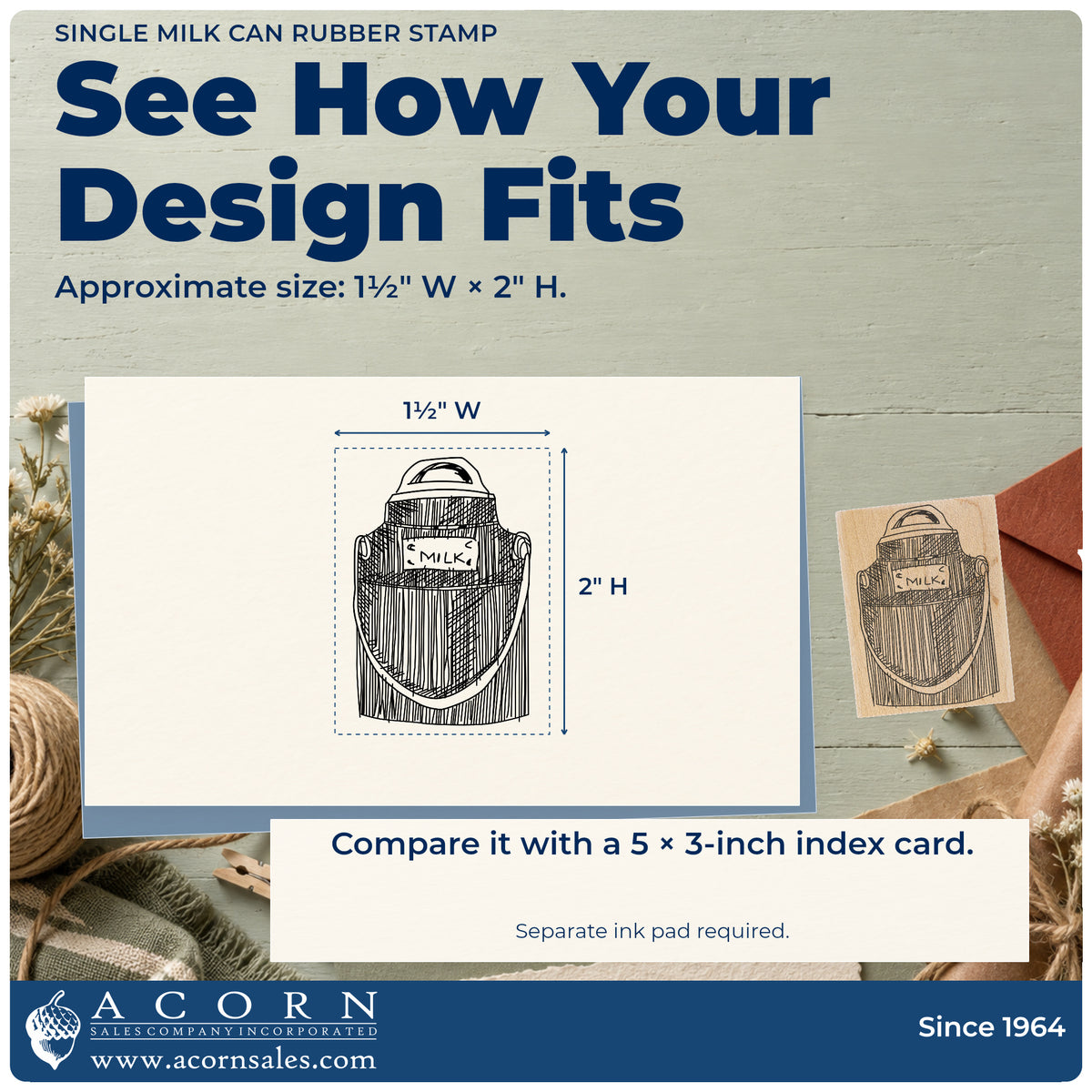 Single Milk Can Rubber Stamp impression-size guide showing the design on a paper reference with dimension labels.