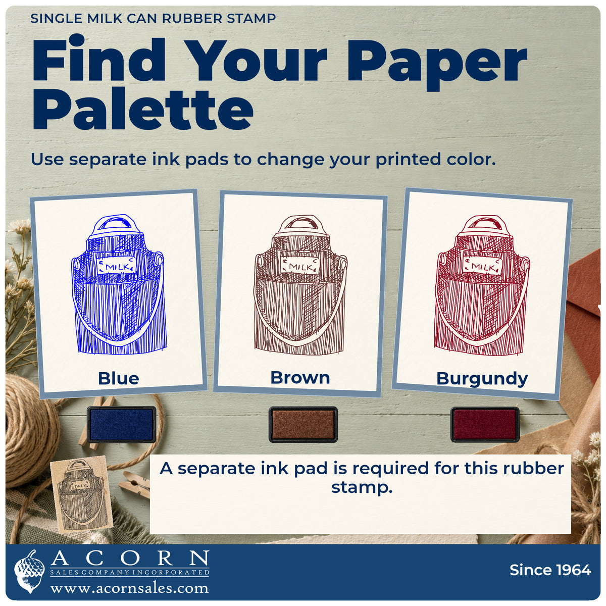 Single Milk Can Rubber Stamp ink-color infographic comparing three single-color impressions and a separate ink pad.