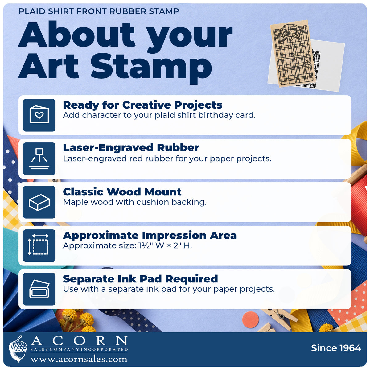 Plaid Shirt Front Rubber Stamp feature guide covering the wood mount, rubber construction, approximate size and separate ink pad.