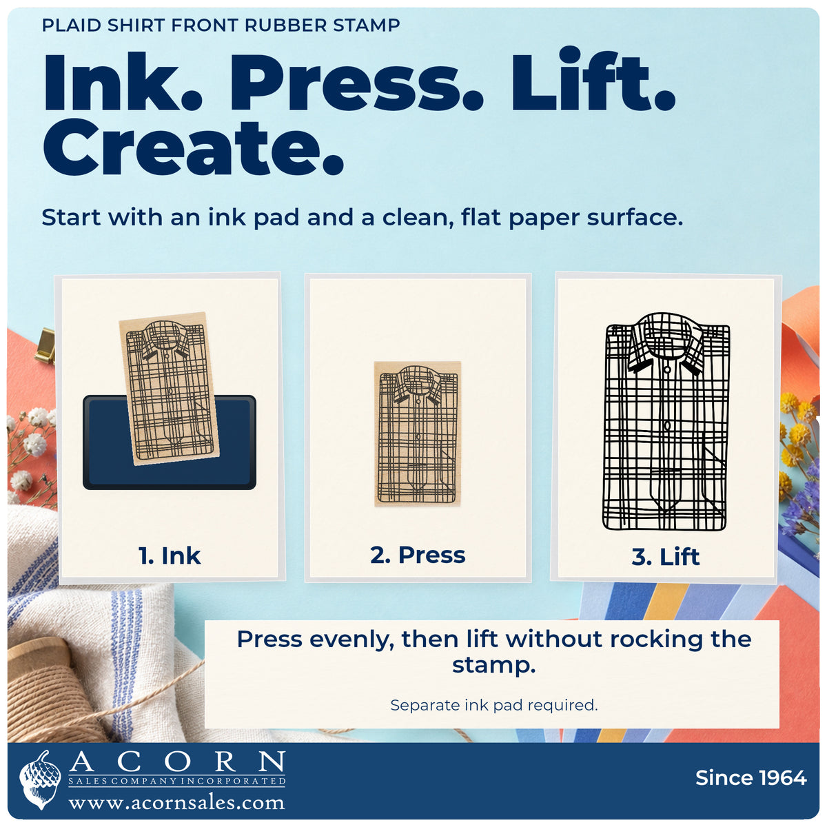 Plaid Shirt Front Rubber Stamp stamping guide illustrating how to ink, press and lift the stamp.