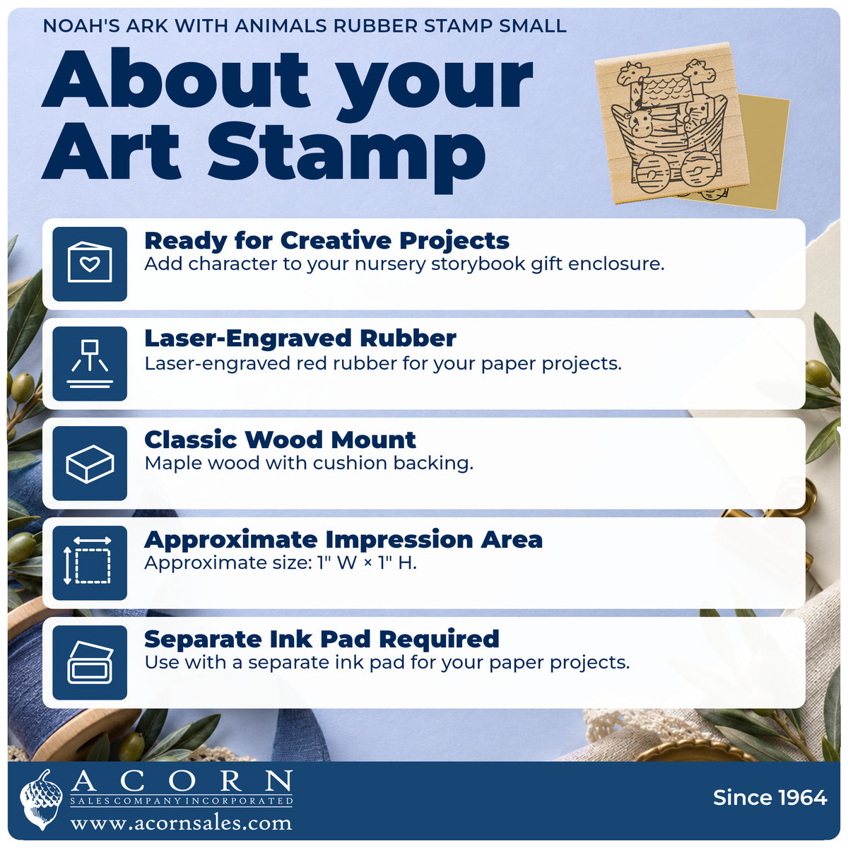 Noah's Ark with Animals Rubber Stamp Small feature guide covering the wood mount, rubber construction, approximate size and separate ink pad.
