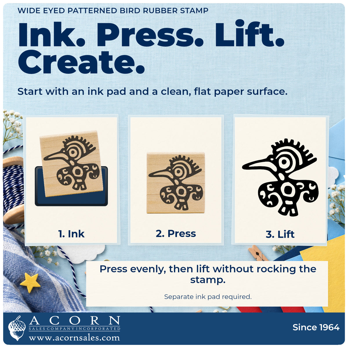 Wide Eyed Patterned Bird Rubber Stamp stamping guide illustrating how to ink, press and lift the stamp.
