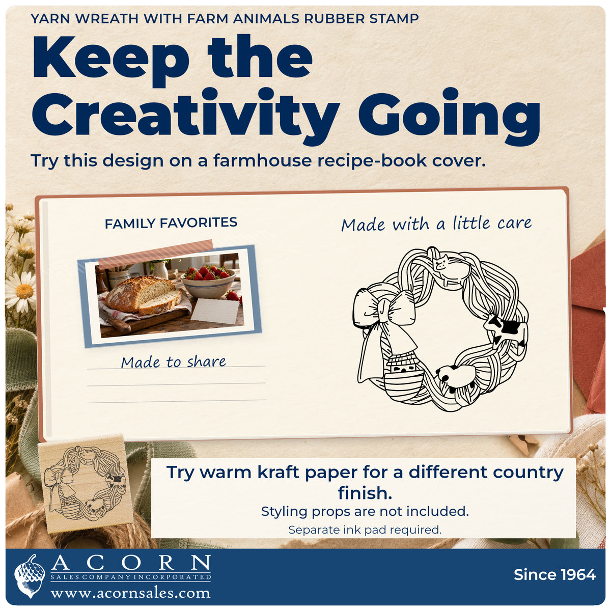 Yarn Wreath with Farm Animals Rubber Stamp project inspiration: farmhouse recipe book cover.
