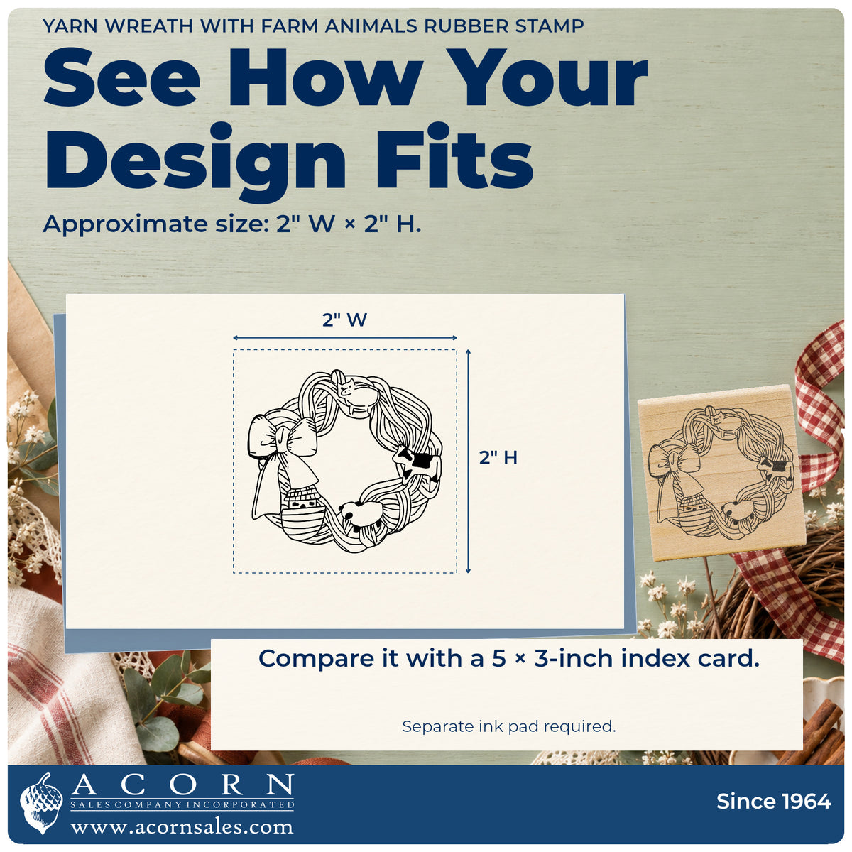 Yarn Wreath with Farm Animals Rubber Stamp impression-size guide showing the design on a paper reference with dimension labels.
