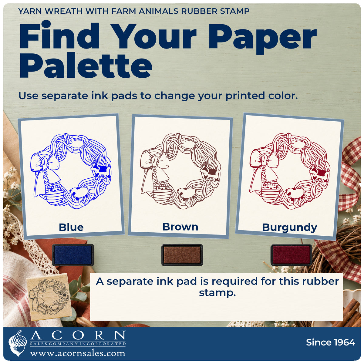 Yarn Wreath with Farm Animals Rubber Stamp ink-color infographic comparing three single-color impressions and a separate ink pad.