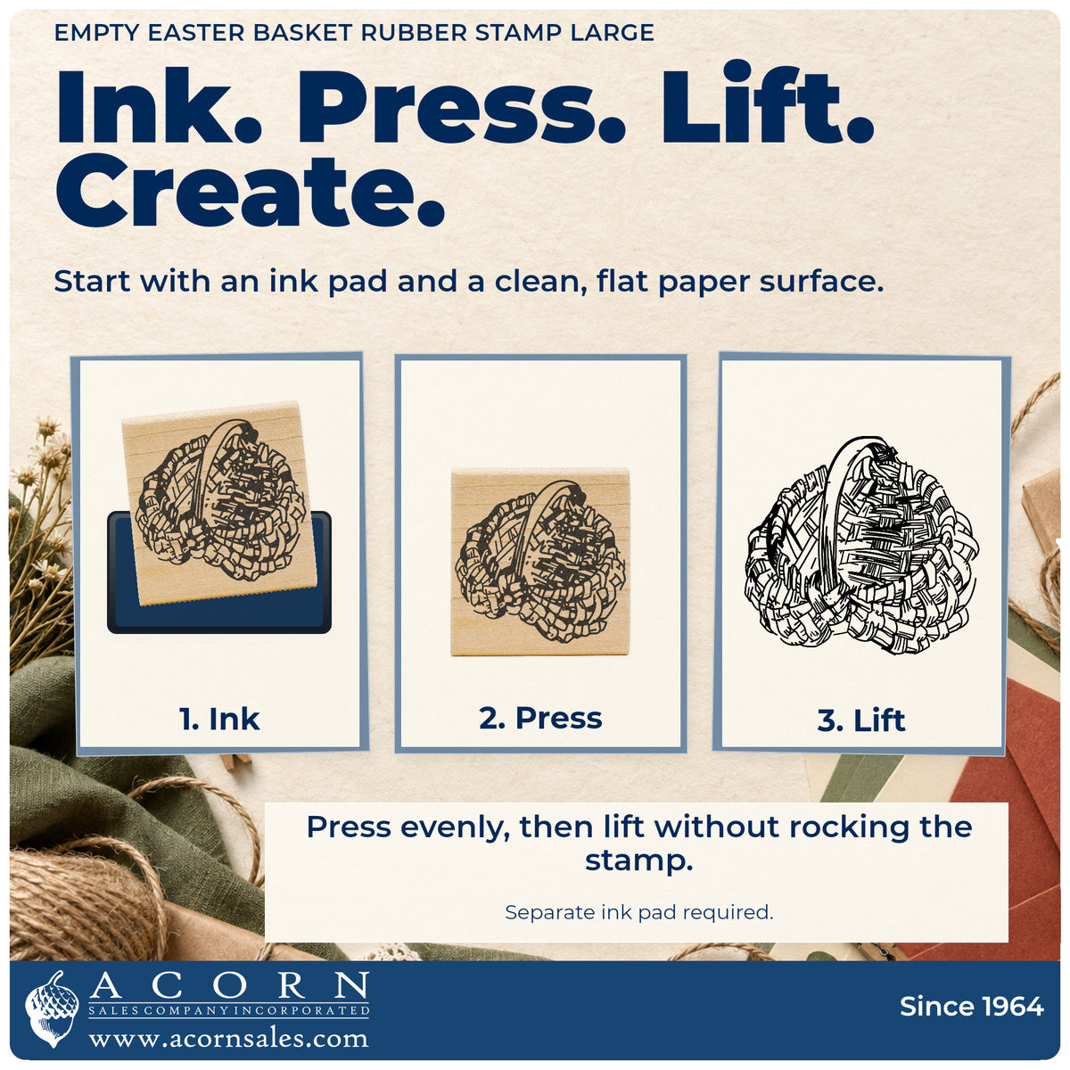 Empty Easter Basket Rubber Stamp Large stamping guide illustrating how to ink, press and lift the stamp.