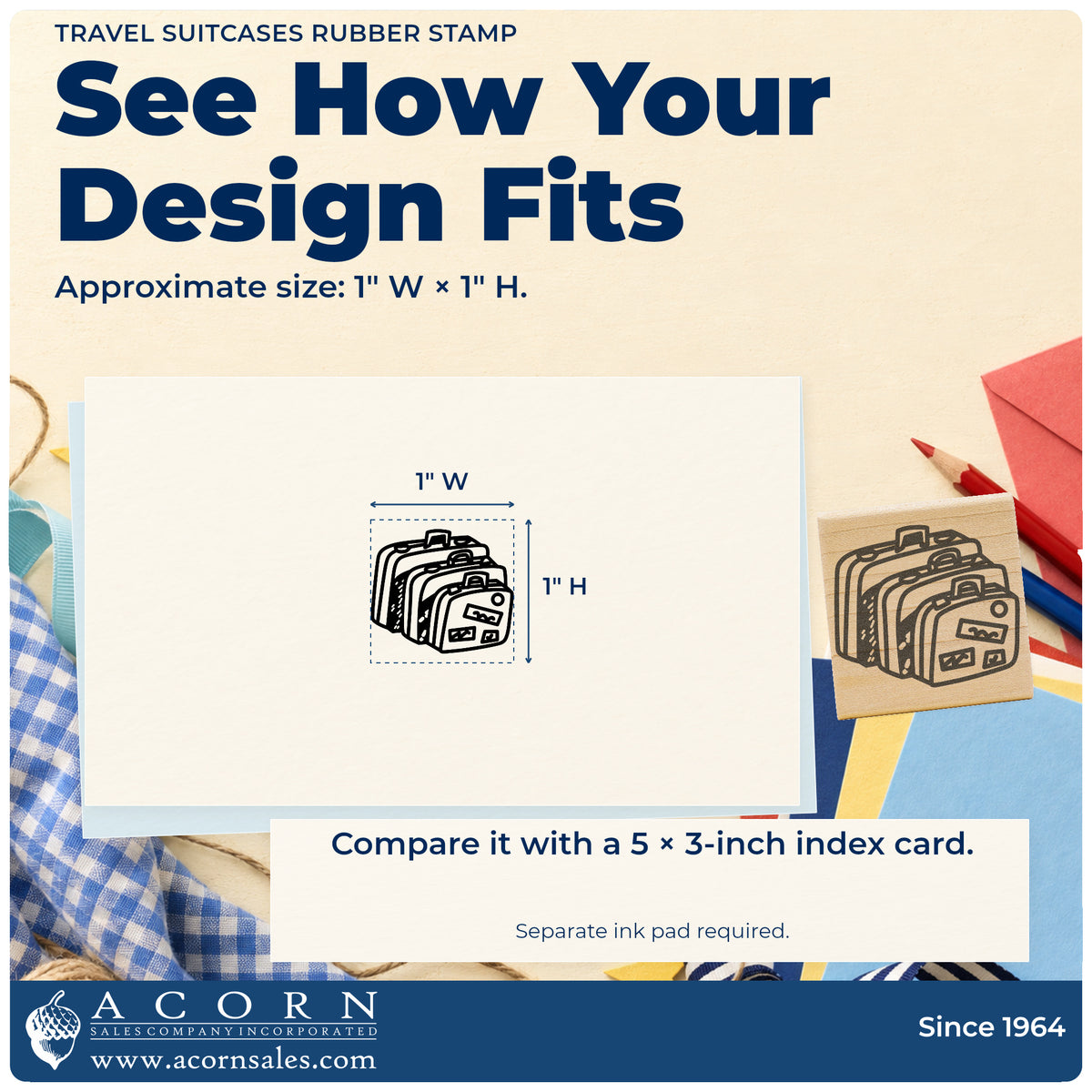 Travel Suitcases Rubber Stamp impression-size guide showing the design on a paper reference with dimension labels.