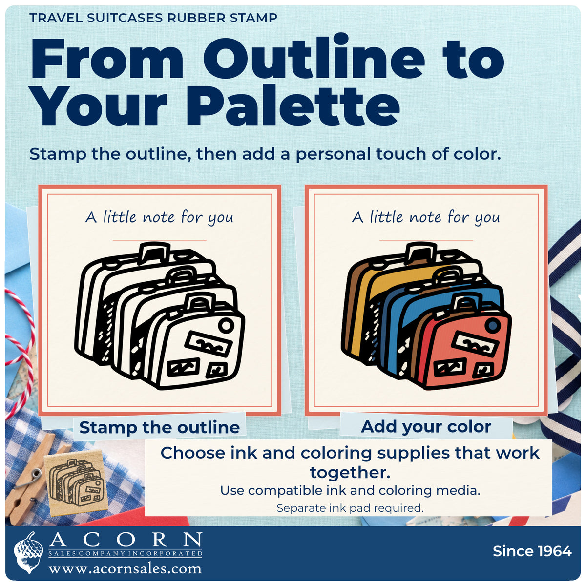 Travel Suitcases Rubber Stamp stamp-and-color guide comparing an outline impression with a colored example.