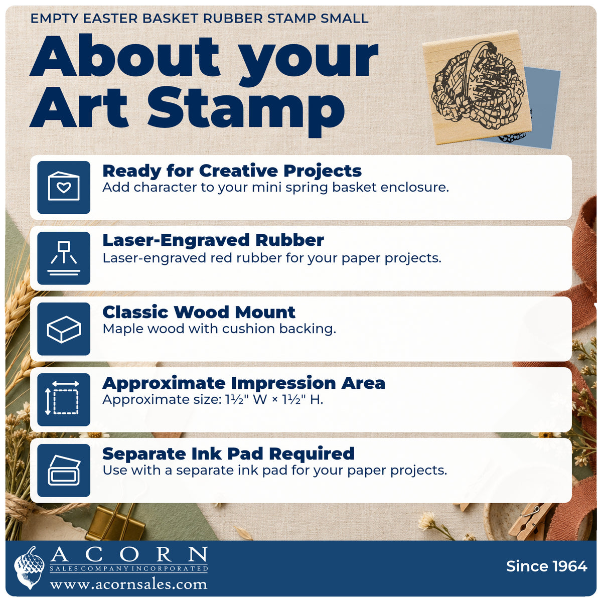 Empty Easter Basket Rubber Stamp Small feature guide covering the wood mount, rubber construction, approximate size and separate ink pad.