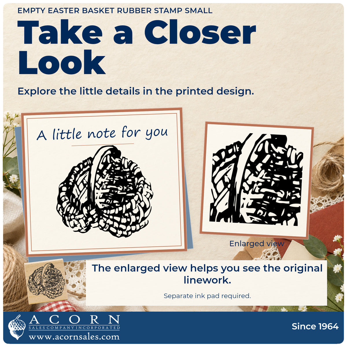 Empty Easter Basket Rubber Stamp Small detail infographic with an enlarged view of the printed design.