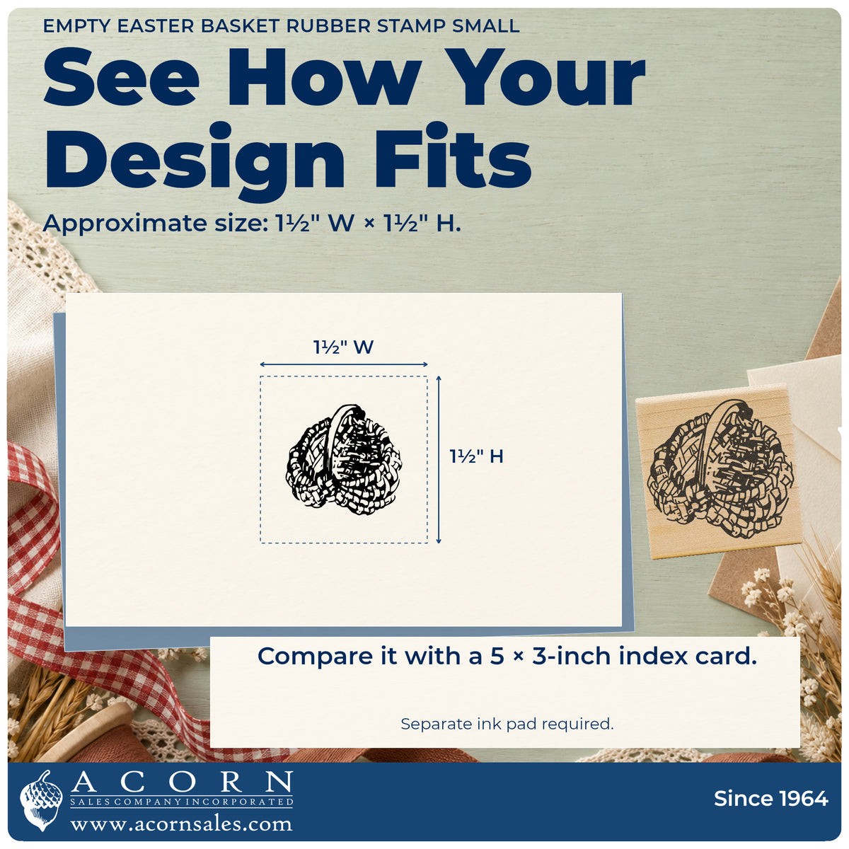 Empty Easter Basket Rubber Stamp Small impression-size guide showing the design on a paper reference with dimension labels.