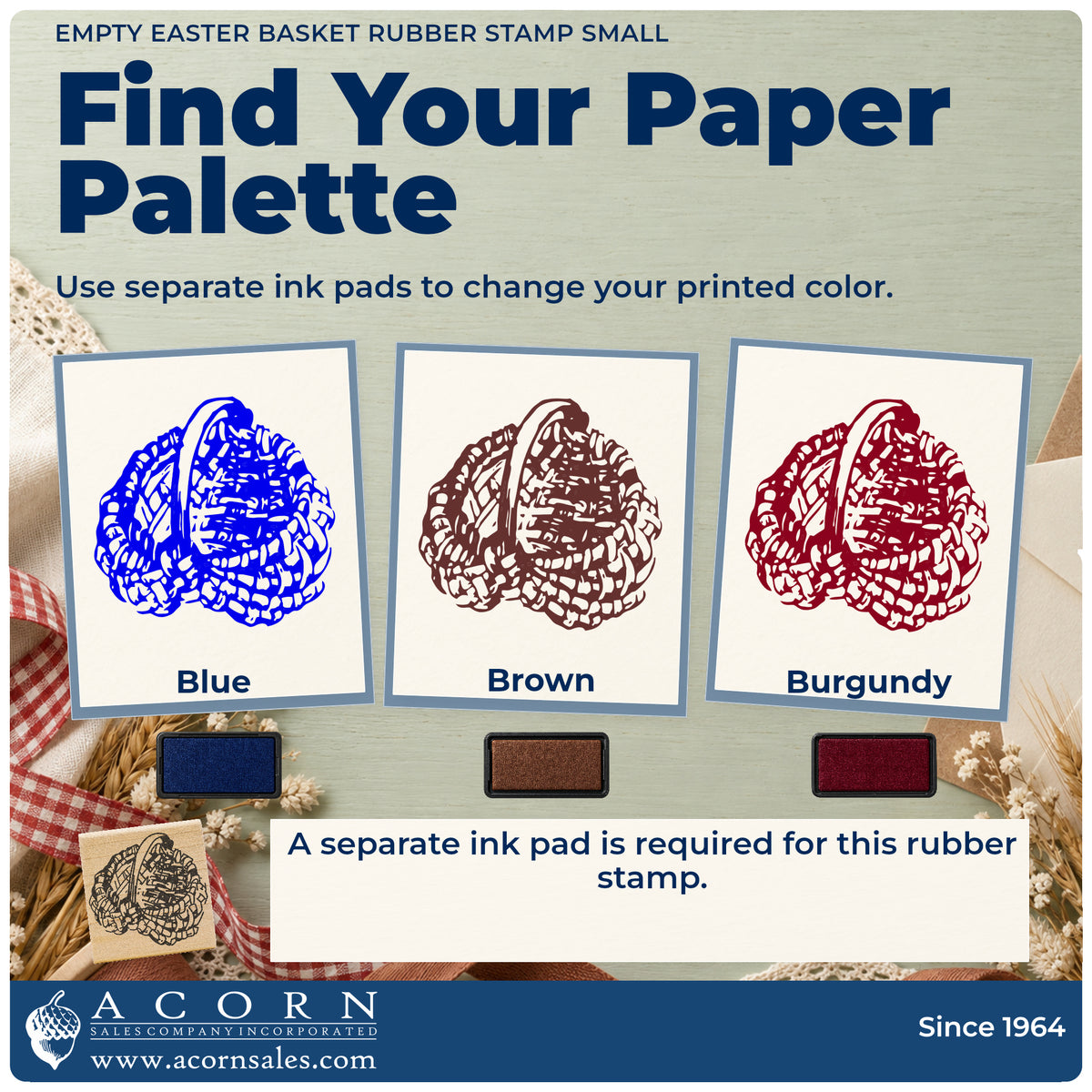 Empty Easter Basket Rubber Stamp Small ink-color infographic comparing three single-color impressions and a separate ink pad.