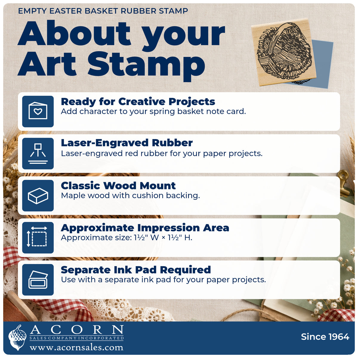 Empty Easter Basket Rubber Stamp feature guide covering the wood mount, rubber construction, approximate size and separate ink pad.