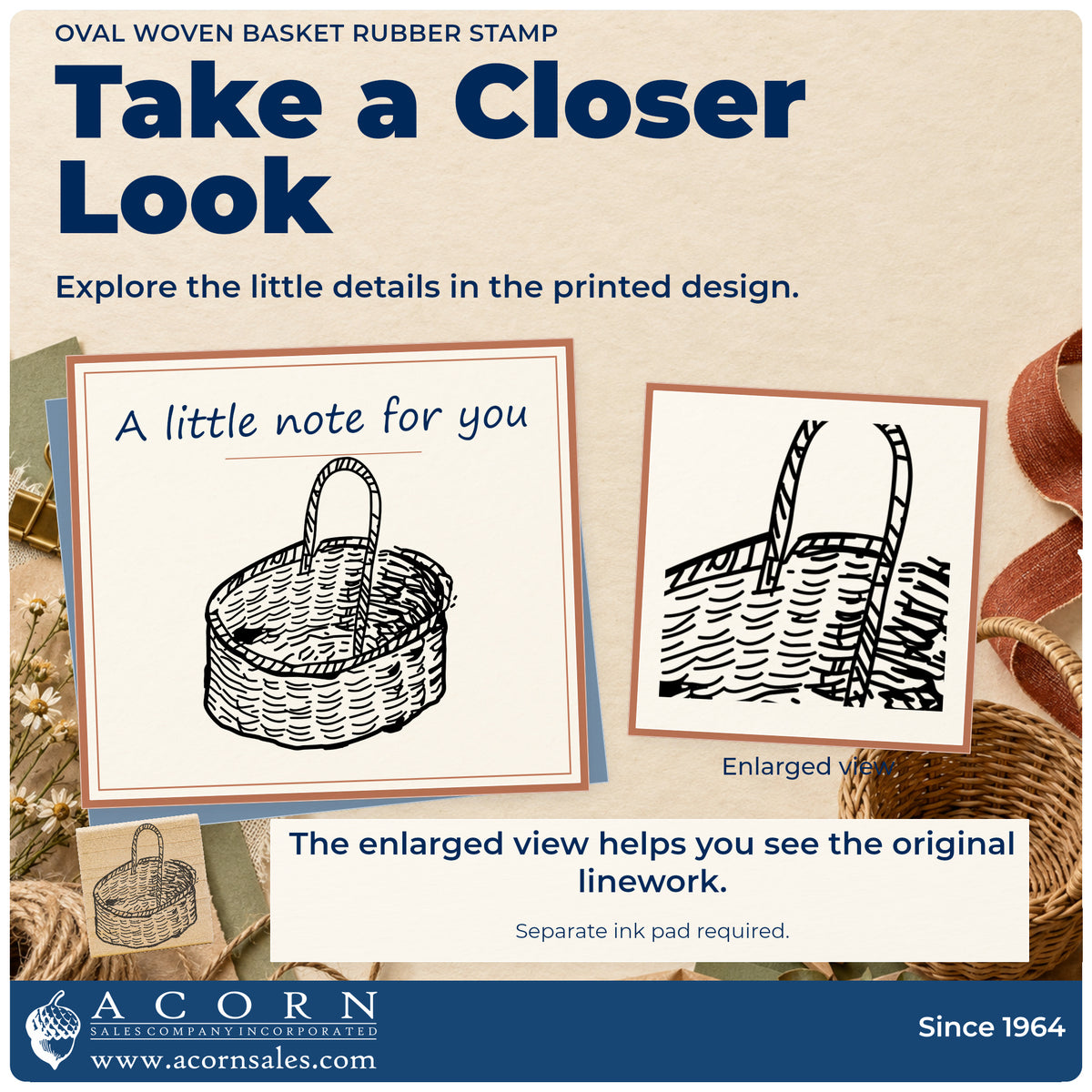Oval Woven Basket Rubber Stamp detail infographic with an enlarged view of the printed design.