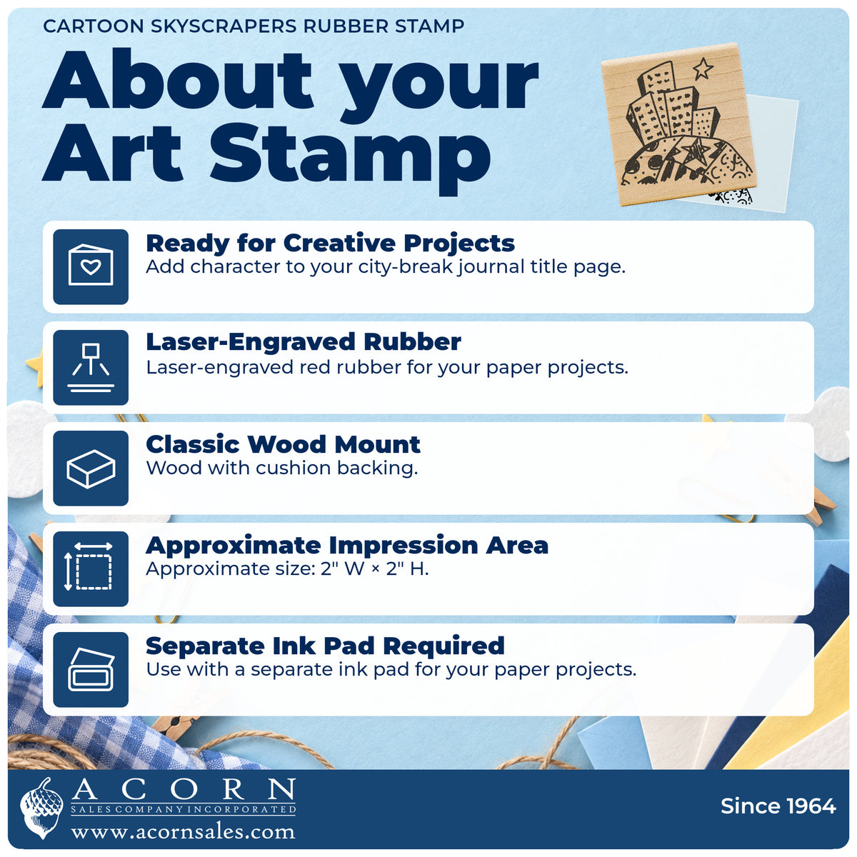 Cartoon Skyscrapers Rubber Stamp feature guide covering the wood mount, rubber construction, approximate size and separate ink pad.
