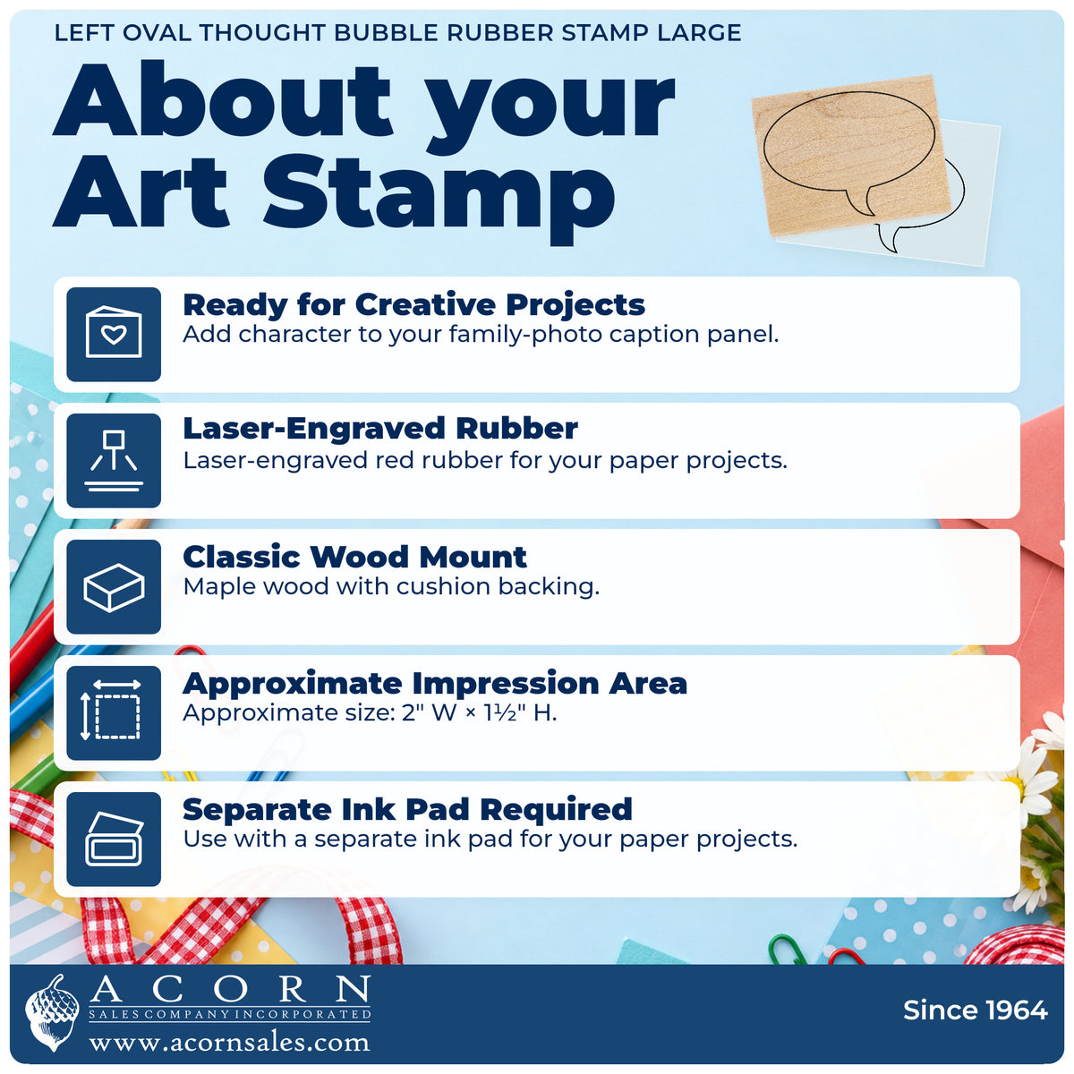 Left Oval Thought Bubble Rubber Stamp Large feature guide covering the wood mount, rubber construction, approximate size and separate ink pad.