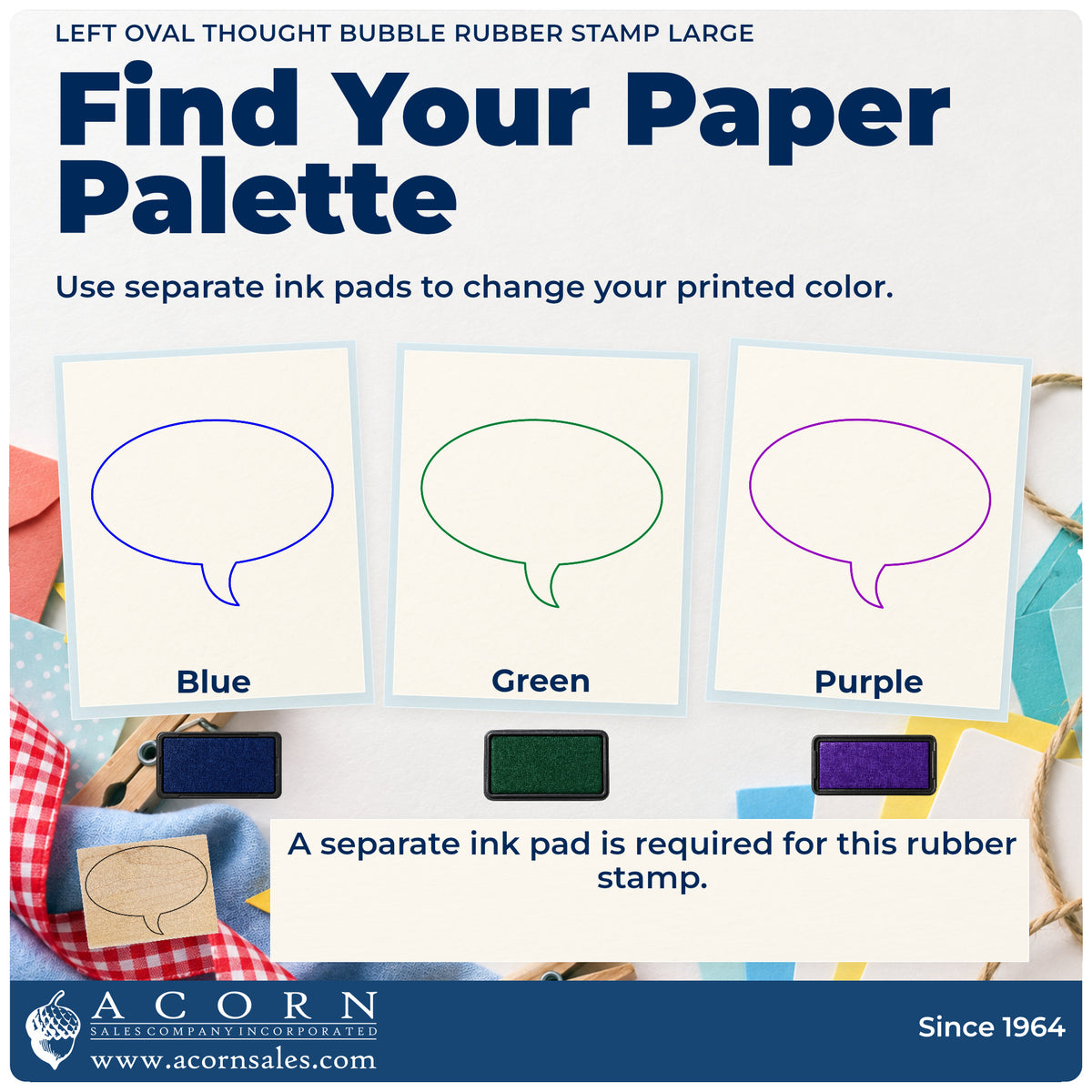 Left Oval Thought Bubble Rubber Stamp Large ink-color infographic comparing three single-color impressions and a separate ink pad.