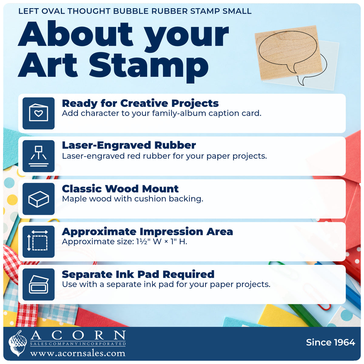 Left Oval Thought Bubble Rubber Stamp Small feature guide covering the wood mount, rubber construction, approximate size and separate ink pad.