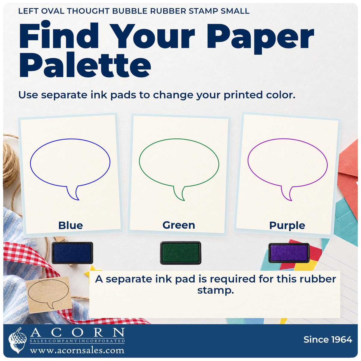 Left Oval Thought Bubble Rubber Stamp Small ink-color infographic comparing three single-color impressions and a separate ink pad.