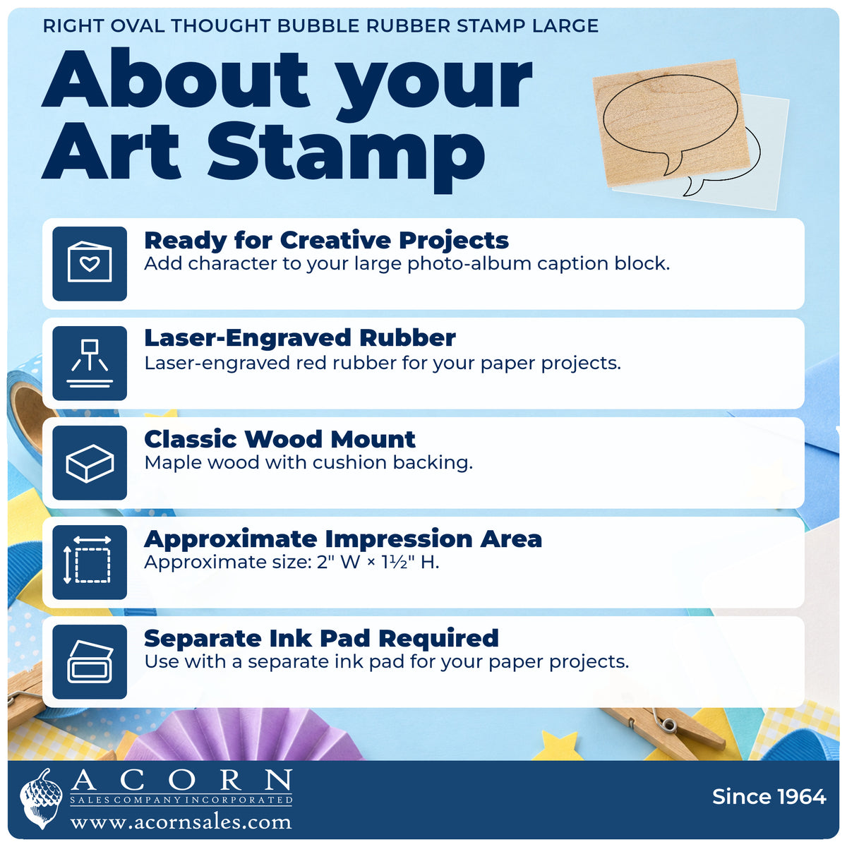 Right Oval Thought Bubble Rubber Stamp Large feature guide covering the wood mount, rubber construction, approximate size and separate ink pad.