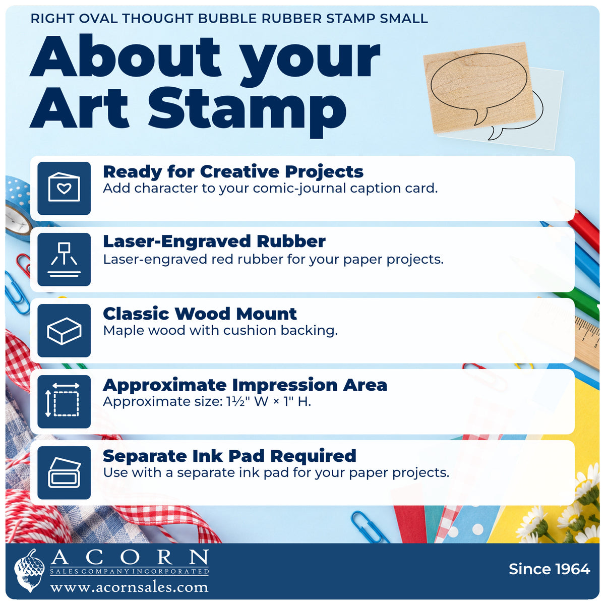 Right Oval Thought Bubble Rubber Stamp Small feature guide covering the wood mount, rubber construction, approximate size and separate ink pad.