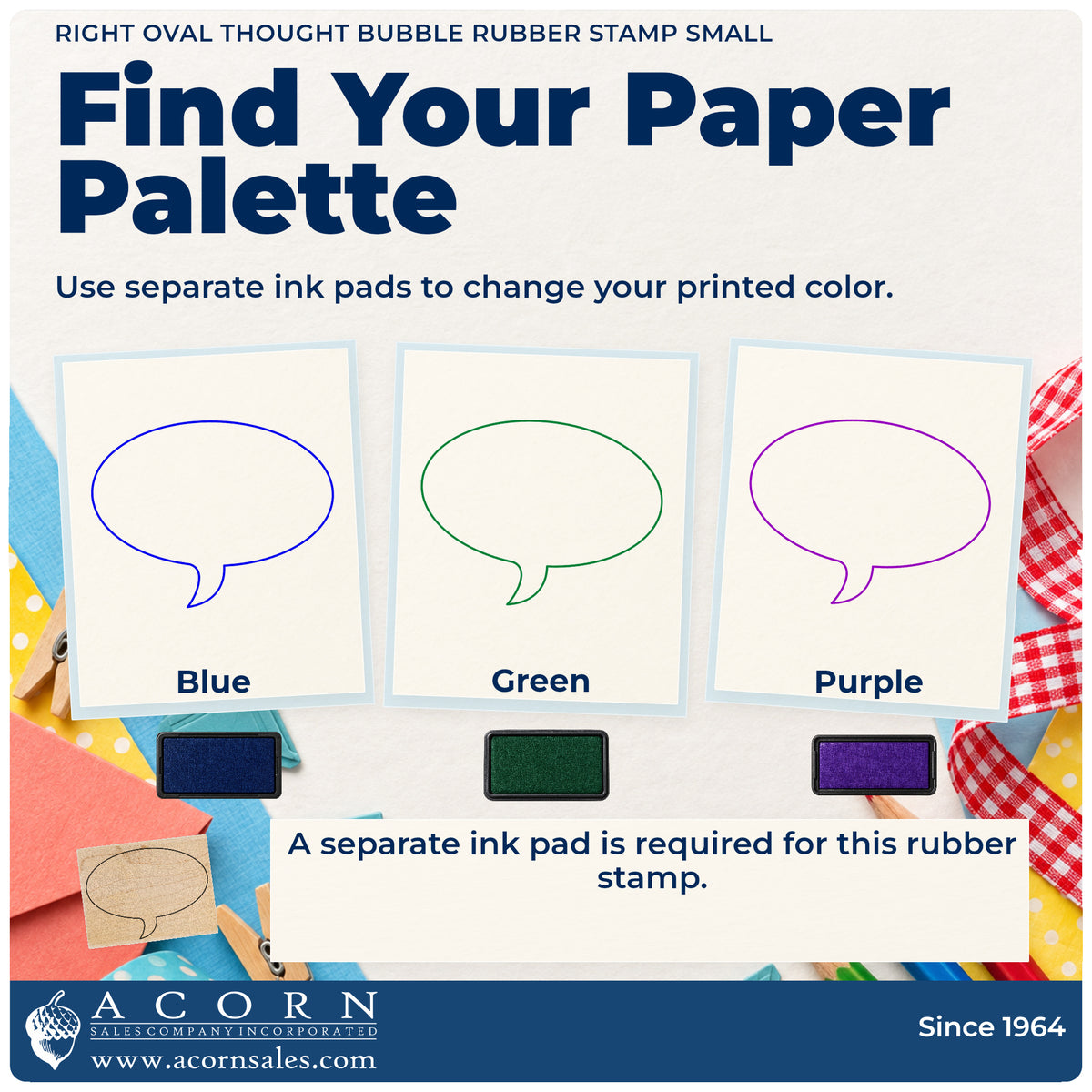 Right Oval Thought Bubble Rubber Stamp Small ink-color infographic comparing three single-color impressions and a separate ink pad.