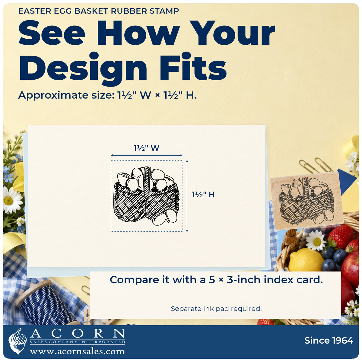 Easter Egg Basket Rubber Stamp impression-size guide showing the design on a paper reference with dimension labels.