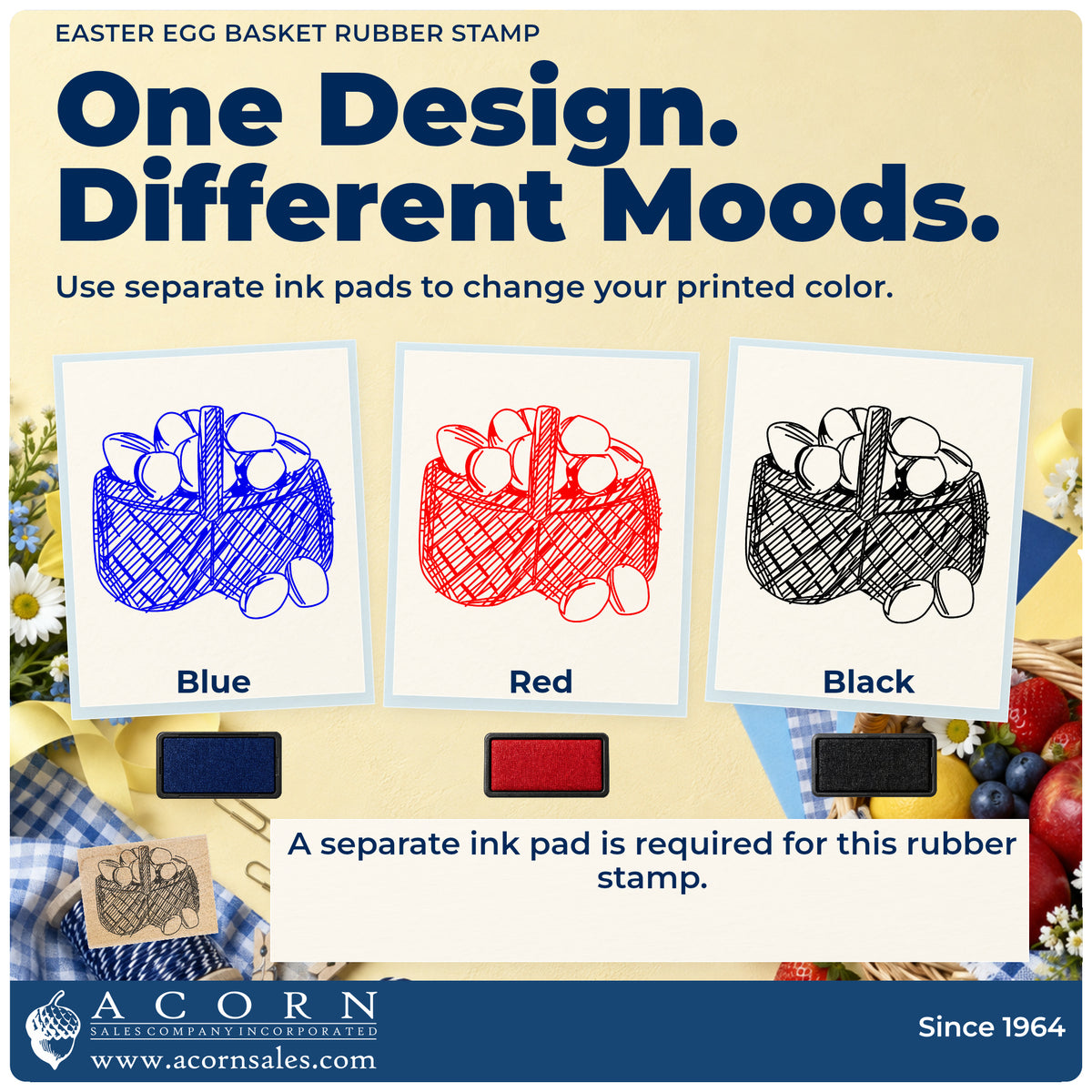 Easter Egg Basket Rubber Stamp ink-color infographic comparing three single-color impressions and a separate ink pad.